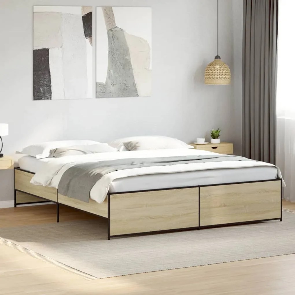 vidaXL Cadru de pat, stejar sonoma, 180x200cm, lemn prelucrat și metal
