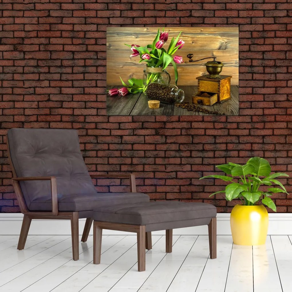 Tablou - lalele, râșniță și cafea (90x60 cm)