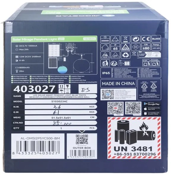 Lustră LED RGBW solară Aigostar MESH 35W/3,7V 8000 mAh 2700K-6500K IP65 d. 50 cm