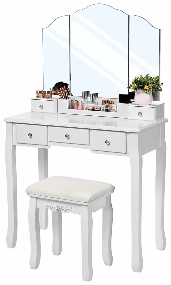Set Barbara, Masă de toaletă cu 3 oglinzi, 5 sertare, organizator, scaun, Alb,