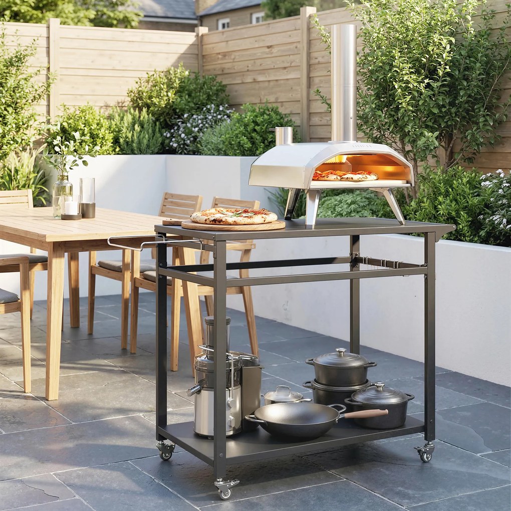 Outsunny Cărucior pentru grătar, 2 rafturi, suport pentru pizza, suport pentru saci și cârlige, Negru. | Aosom Romania