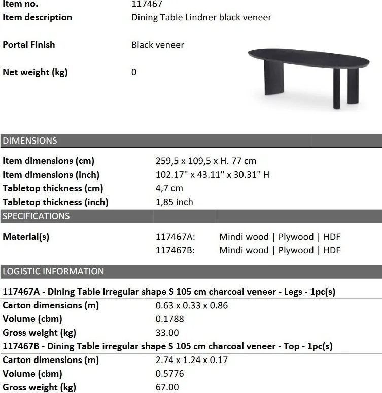 Masa dining moderna design LUX Lindner negru 259x109cm
