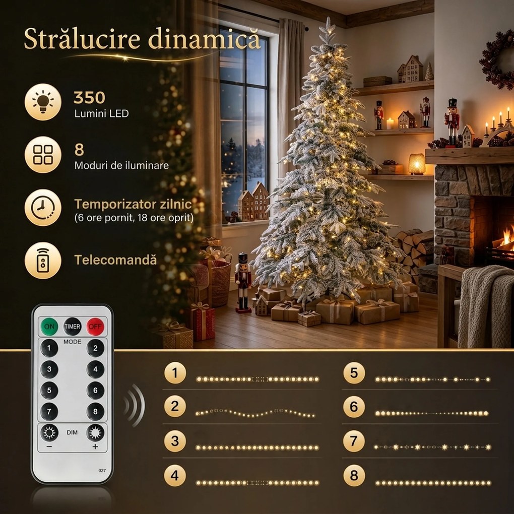 HOMCOM Brad de Crăciun Înzăpezit 180 cm cu 350 de Lumini LED Alb Cald, Timer, Telecomandă, 8 Modalități, 740 de Ramuri Ignifuge | Aosom Romania