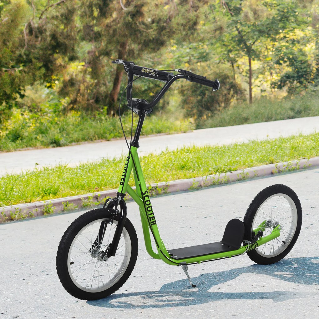 HOMCOM Trotineta copii Scooter Tretroller Cityroller Kickscooter cu înălțime reglabilă Kickboard cu anvelope gonflabile și frână de mână Trotineta copii Pliabilă de la 5 ani 16 inch Verde 139 x 58 x 90-96 cm | Aosom Romania