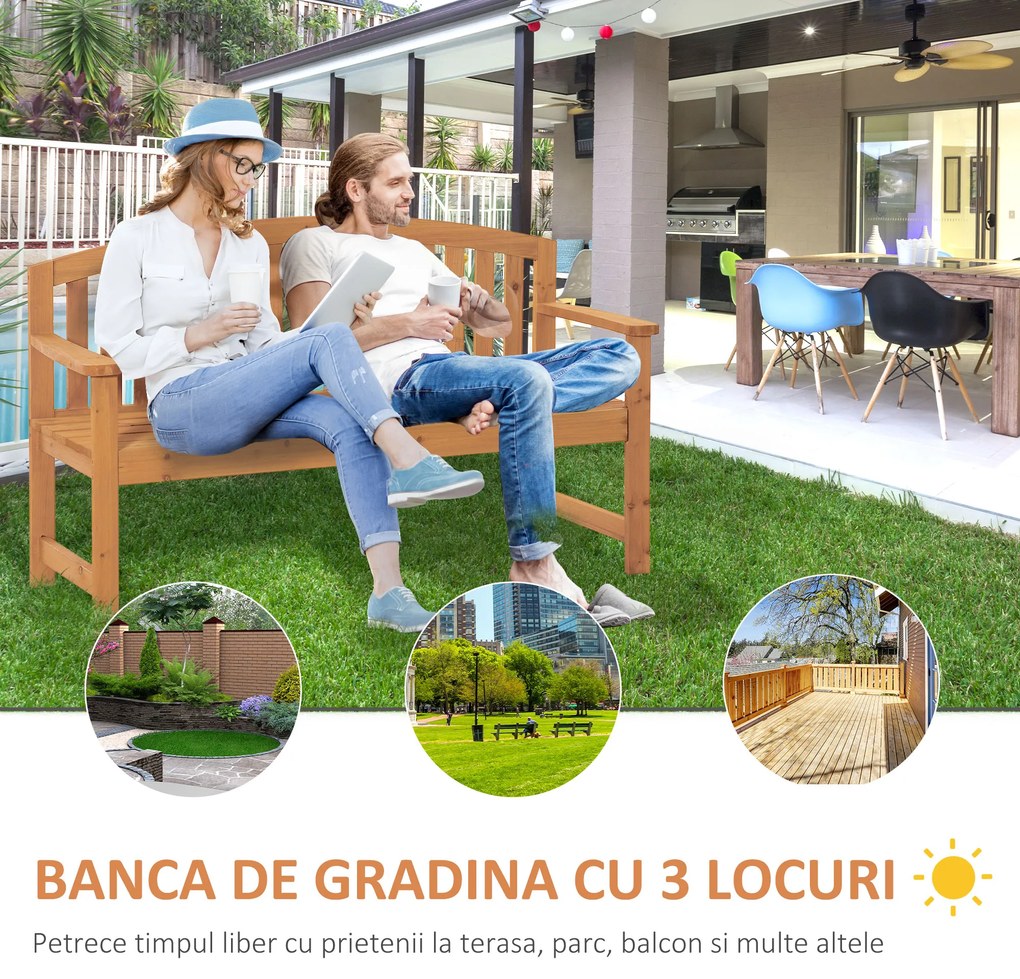 Outsunny Banca de Gradina cu 3 locuri din Lemn de Brad | Aosom Romania