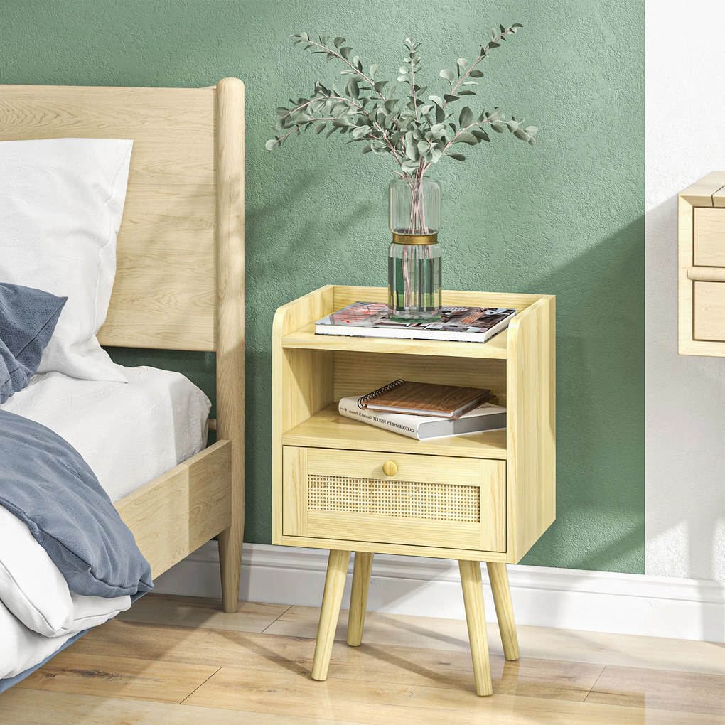HOMCOM Set de 2 noptiere cu sertar efect răchită și spațiu deschis, 40 x 30 x 60 cm, efect lemn natural | Aosom Romania