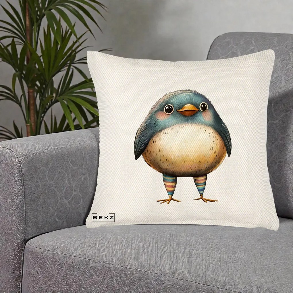 Perna Decorativa Pasare Teal-Bej cu Sosete Curcubeu, 40x40 cm, Crem Reliefat, Husa Detasabila, Perna Inclusa, BEKZ®