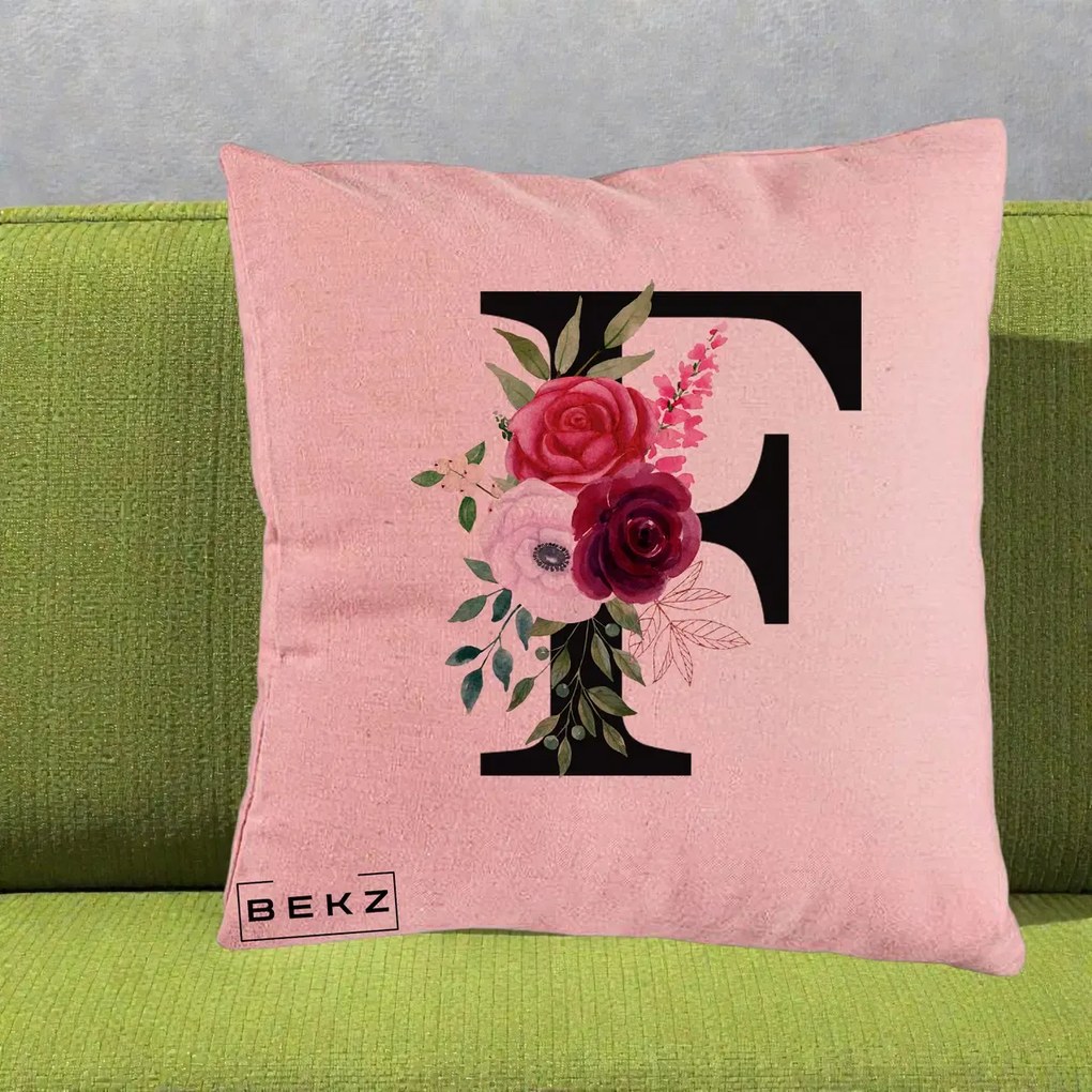 Cadou Personalizat - Perna Personalizata Monograma Florala Litera F, 40x40 cm, Roz, Husa Detasabila, Perna Inclusa, BEKZ®