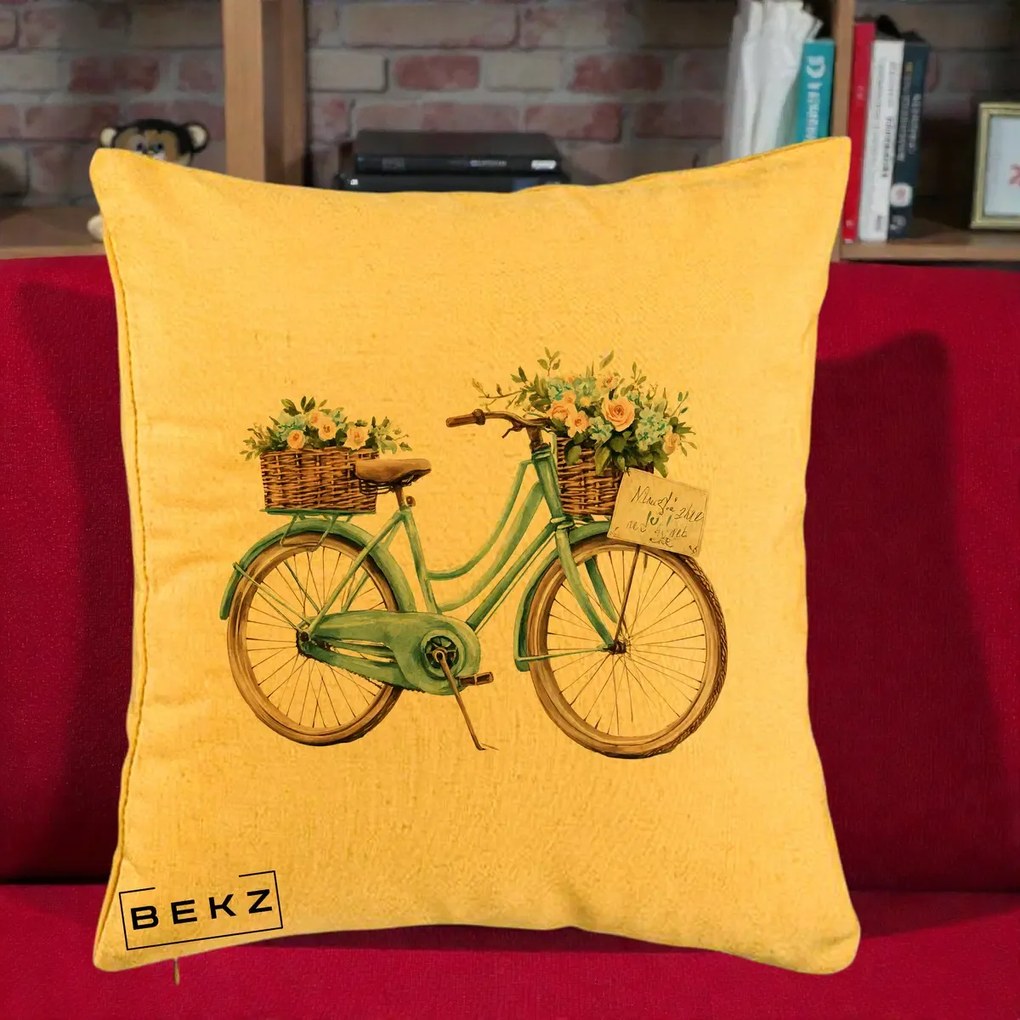 Perna decorativa Bicicleta Teal cu Cosuri Duble de Flori Vintage, 40x40 cm cu Umplutura, Galben, BEKZ
