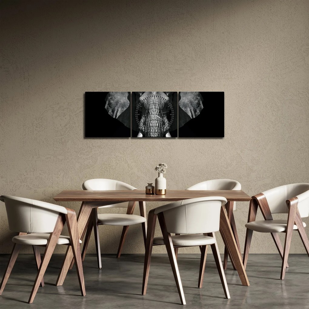 Tablou - Elefant pe fundal negru (cu ceas) (90x30 cm)