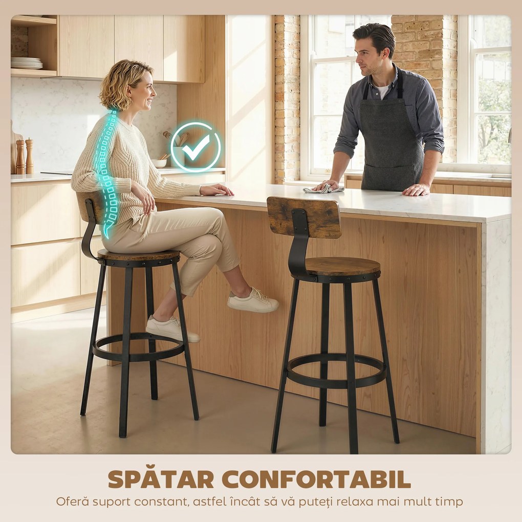 HOMCOM Set 2 Scaune de Bar, Șezuturi Rustice cu Spătar și Suport pentru Picioare, Maro Rustic | Aosom Romania