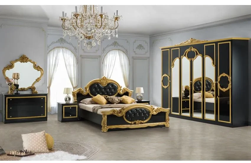 Dormitor Barocco, culoare negru / auriu, cu pat tapitat 160 x 200 cm, dulap cu 6 usi si oglinda, comoda, 2 noptiere (saltea si somiera incluse)