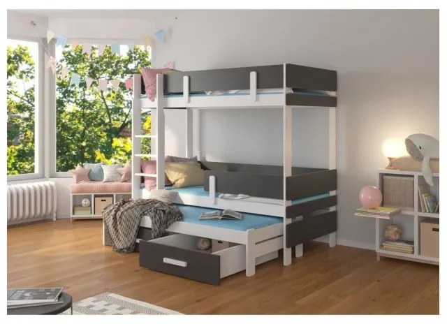 Pat Supraetajat 3 Persoane Cu Saltea ETAPO Gri Inchis/Alb 90x200cm