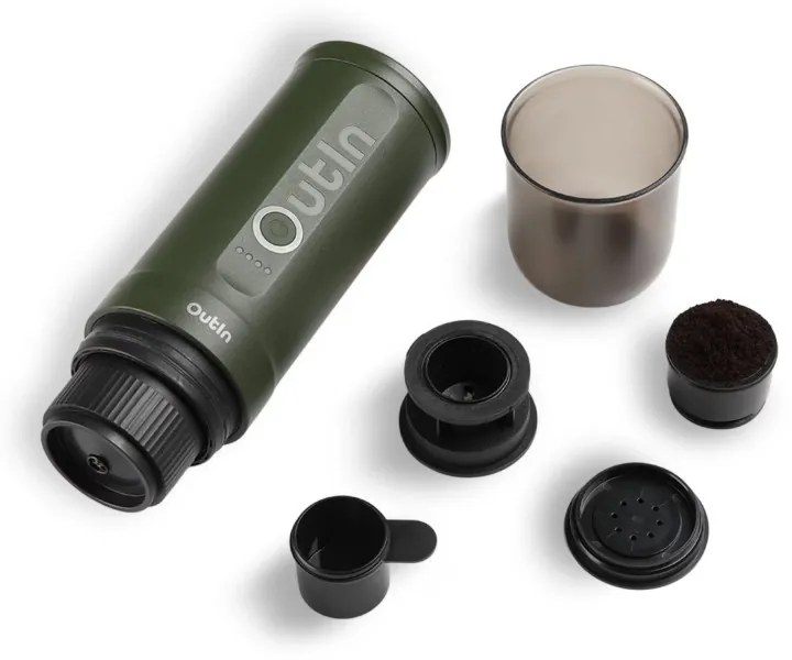 Еspressor portabil Outin Nano Forest Green, 12/24 V, 7500mAh, 20bar, 80ml, Incarcare USB, Cafea macinata si capsule, Verde