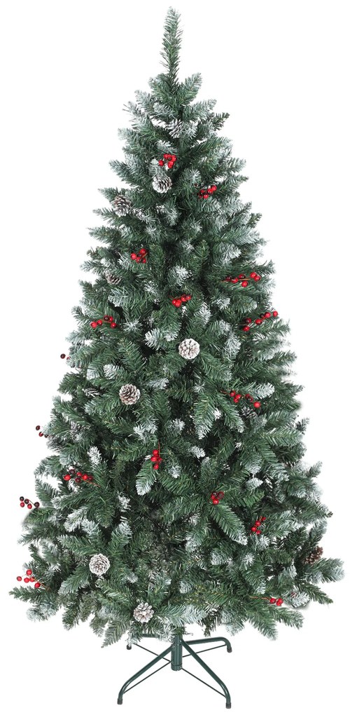 HOMCOM Brad de Crăciun Înalt Înzăpezit 180 cm cu 620 de Ramuri, Brad Artificial de Interior cu Conuri și Boabe Roșii Decorative, Bază din Metal, Verde | Aosom Romania