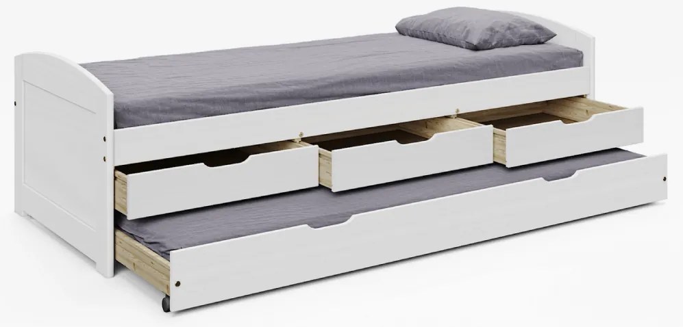 Pat cu pat suplimentar extensibil, alb, lemn masiv, 90x200, MARINELLA NEW