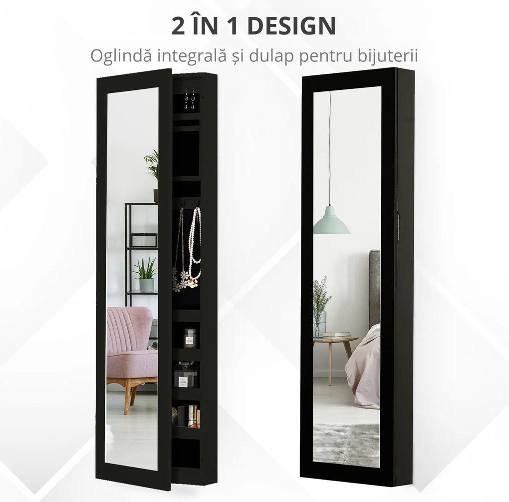 HOMCOM Dulap pentru Bijuterii cu Oglindă, Montare pe Perete, din Lemn MDF, Negru, 37x9.5x121 cm | Aosom Romania