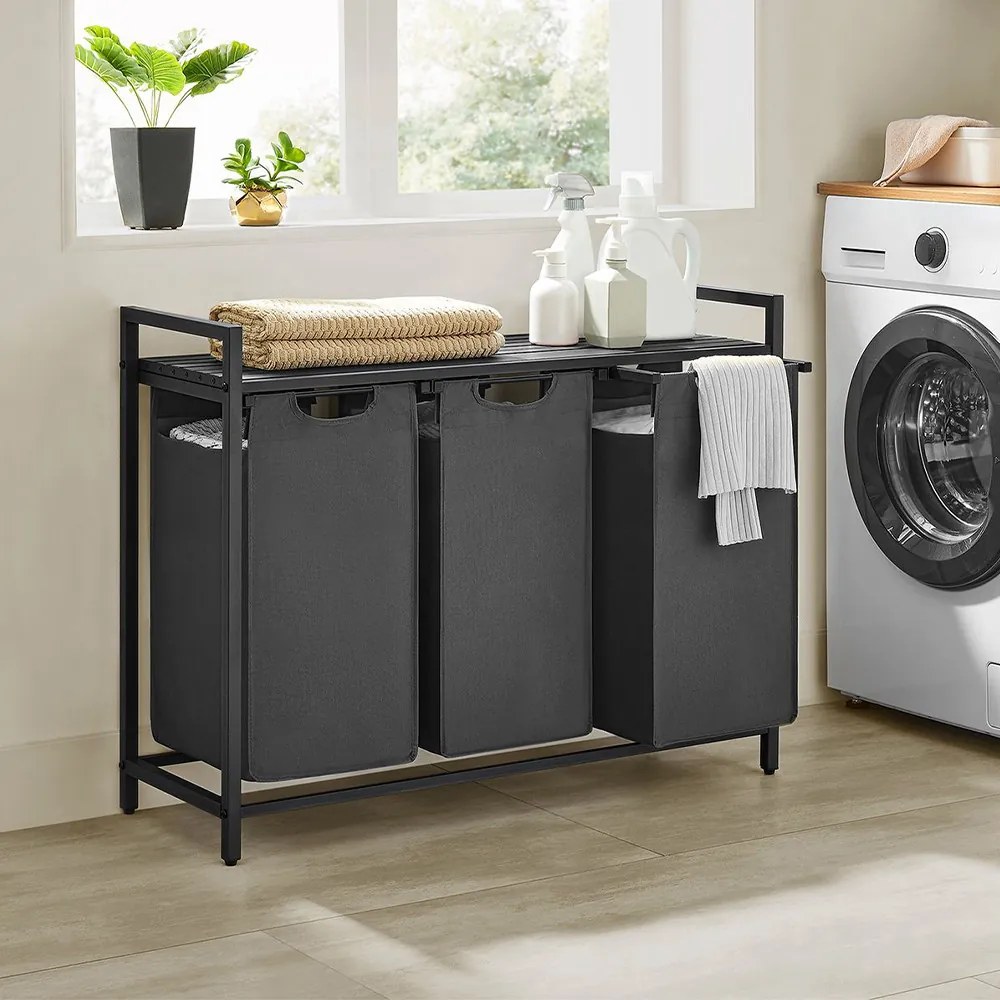 Coș de rufe cu 3 compartimente, gri închis