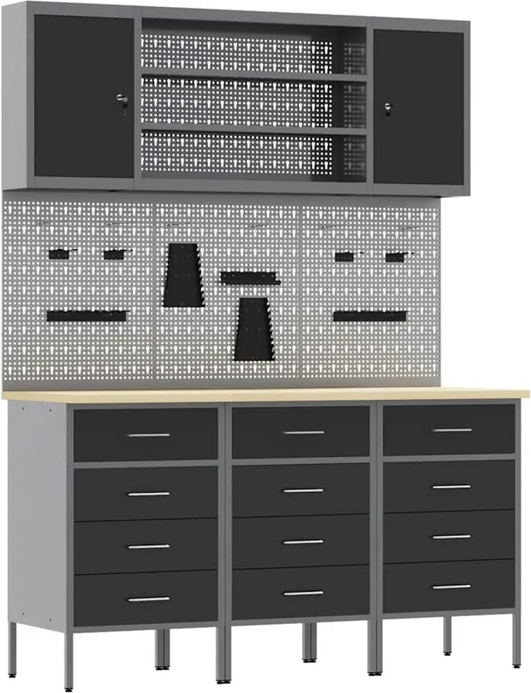 vidaXL Dulap de lucru cu sertar 7 pcs Negru Lemn ingineresc și oțel