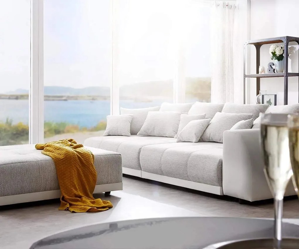 Canapea extensibilă dumonde cu 2 lăzi de depozitare si sezut confortabil din spuma high-density, Verona Loft White 310x100 cm cu taburet inclus