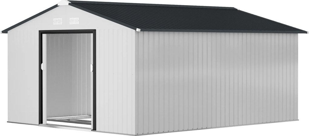 Outsunny Cobertizo de Jardín Exterior 12,4 m² 340x386x200 cm con Puerta Corredera Techo Inclinado y 4 Ventanas Blanco | Aosom Romania