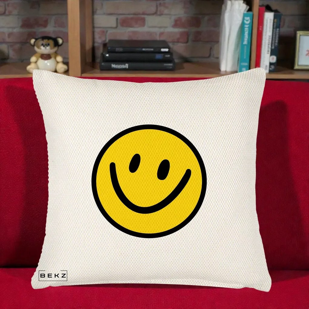 Perna Decorativa Smiley Face Galben Clasic, 40x40 cm, Crem Reliefat, Husa Detasabila, Perna Inclusa, BEKZ®