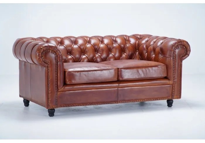 Canapea Chesterfield 2 locuri, din piele naturala, cognac, Classic Chic