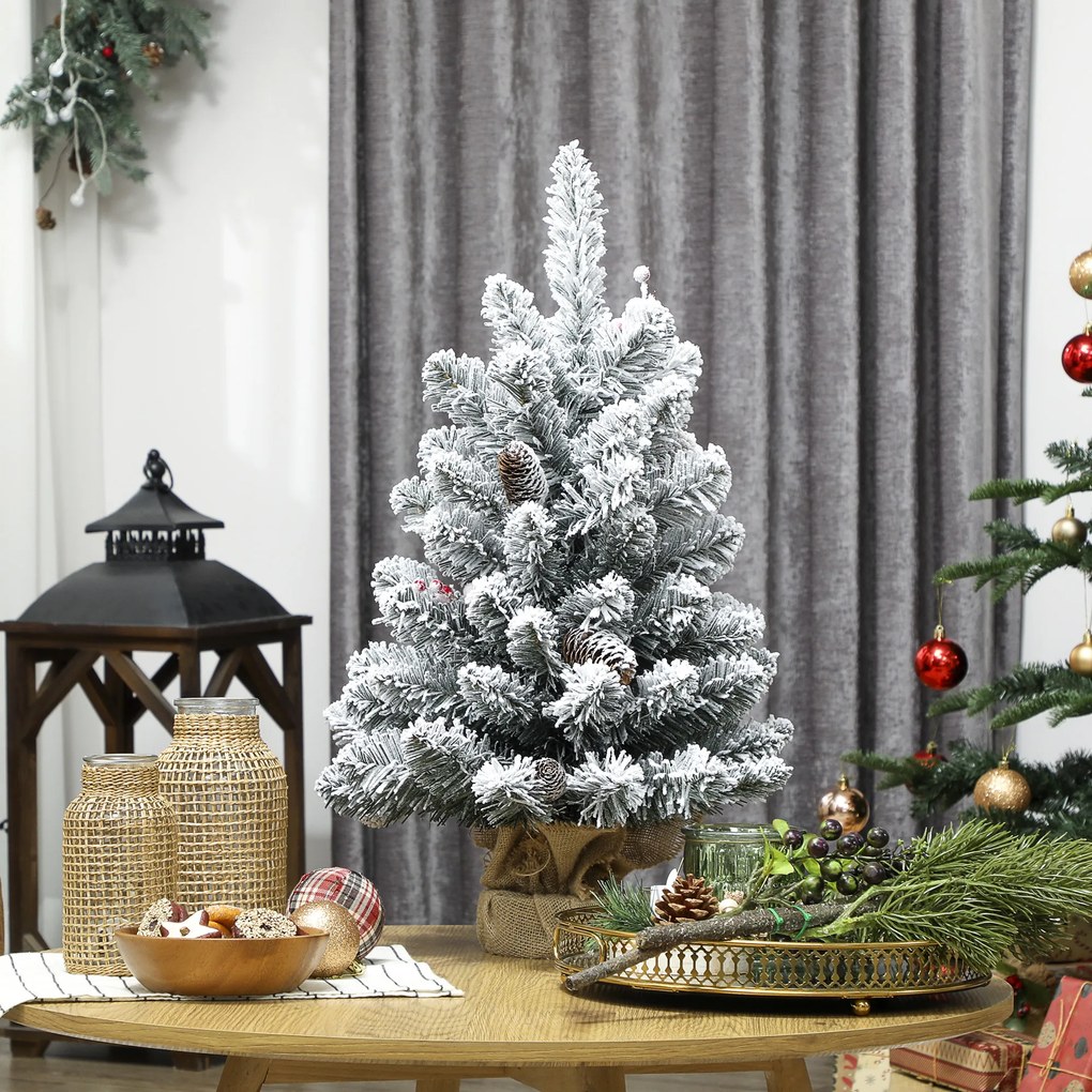 HOMCOM Brad de Crăciun Mic Înalt de 61 cm cu 72 de Ramuri Înzăpezite, Conuri și Boabe Roșii, Verde | Aosom Romania