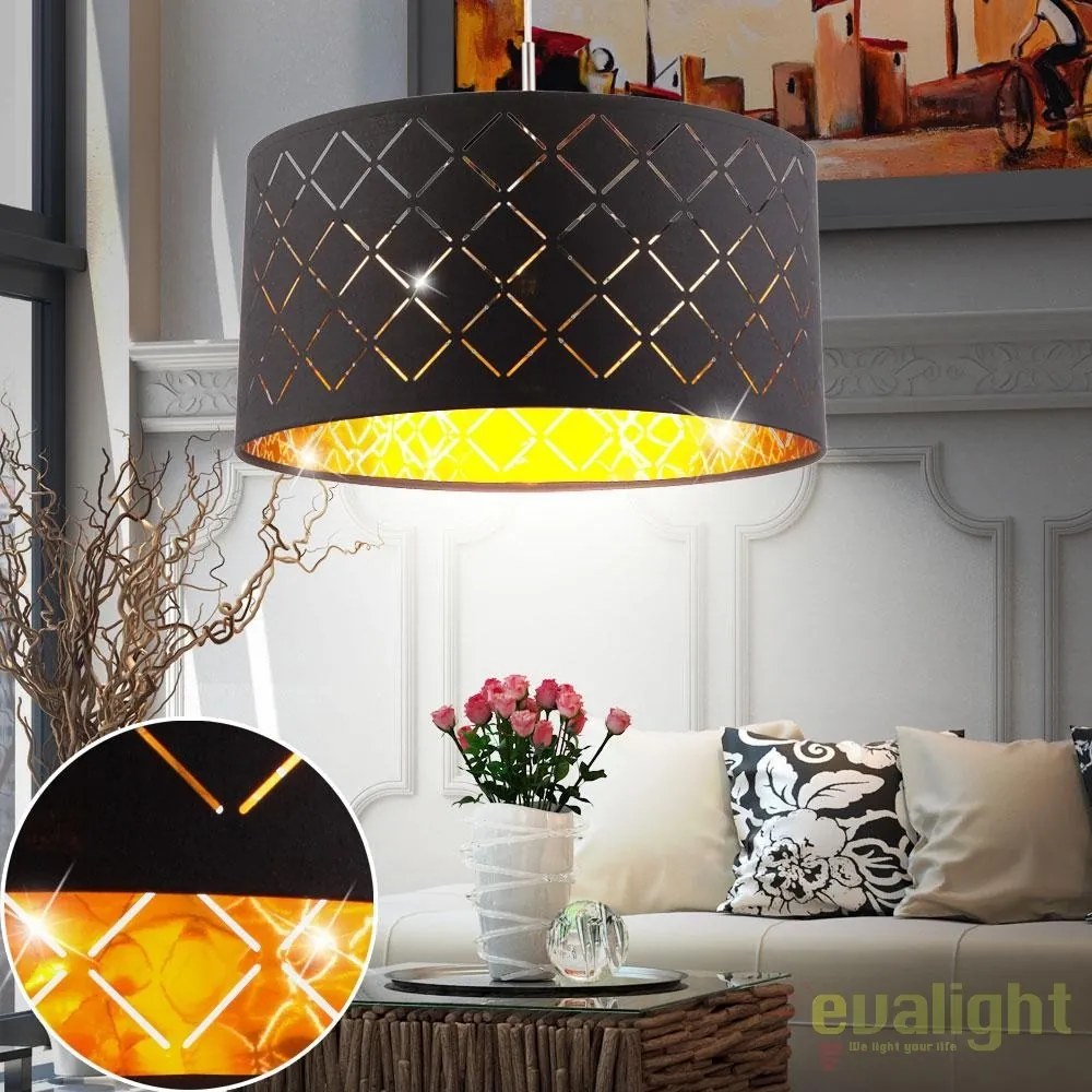 Lustra eleganta cu abajur din tesatura negru cu auriu, CLARKE 40cm 15229H GL