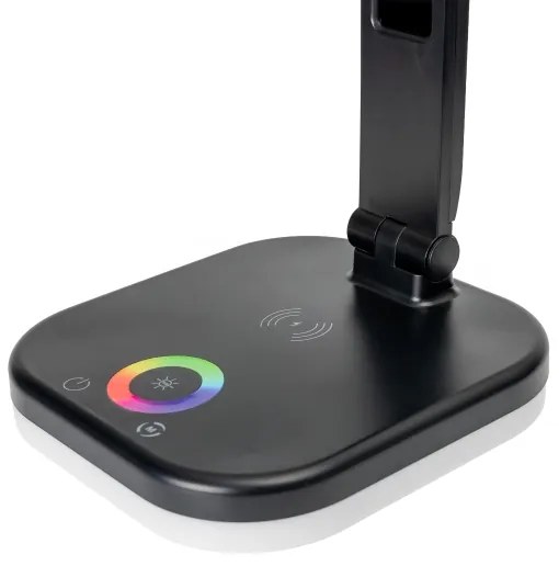 Lampă reglabilă LED RGBW cu încărcare wireless, afișaj și port USB, 6W/5V, 3000–6500K, neagră