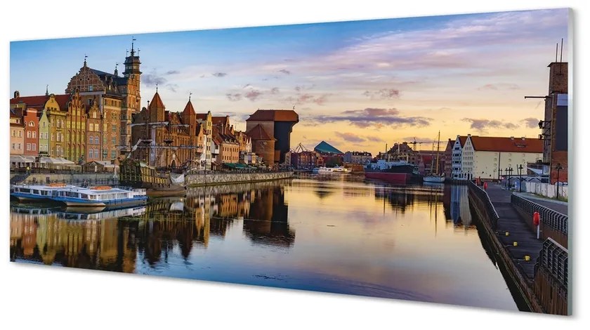 Tablouri pe sticlă Portul din Gdańsk râu răsărit de soare