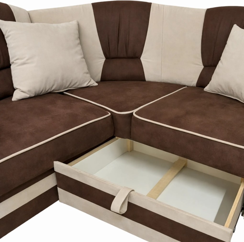 Coltar VALAHIA extensibil, lada de depozitare, stofa crem cu maro, 270x220x90 Maro + Crem