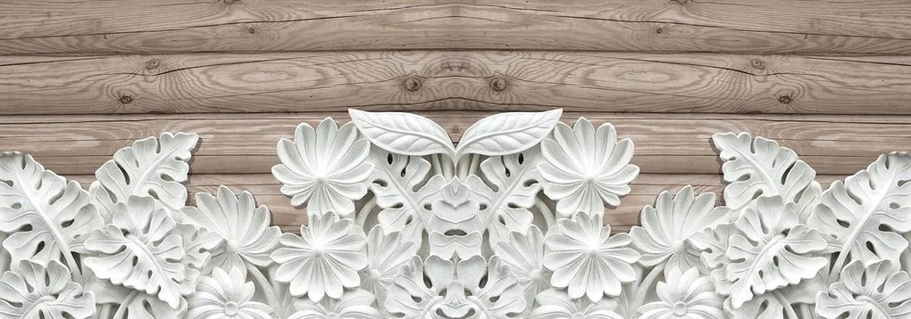Fototapet - Florile albe ca labastru pe lemn (152,5x104 cm)