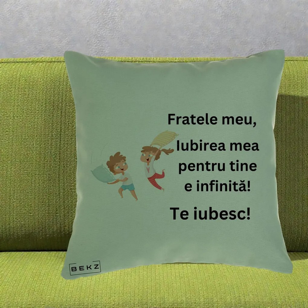 Cadou pentru Frate - Perna Personalizata Fratele Meu Te Iubesc Copii Batalie Perne, 40x40 cm, Verde, Husa Detasabila, Perna Inclusa, BEKZ®