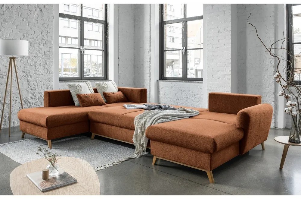 Canapea extensibilă în formă de "U" cu șezlong pe partea stângă Miuform Scandic Lagom, portocaliu închis