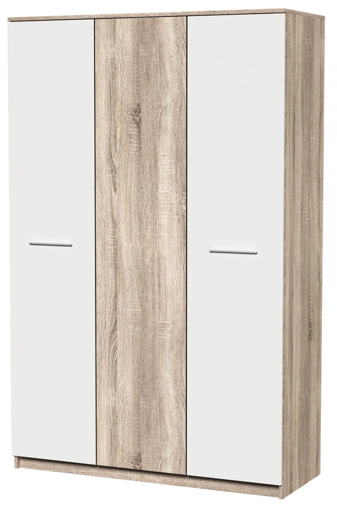 Dormitor Luiza 3U5P, culoare sonoma / alb, cu pat standard 140 x 200 cm, dulap cu 3 usi, comoda si 2 noptiere