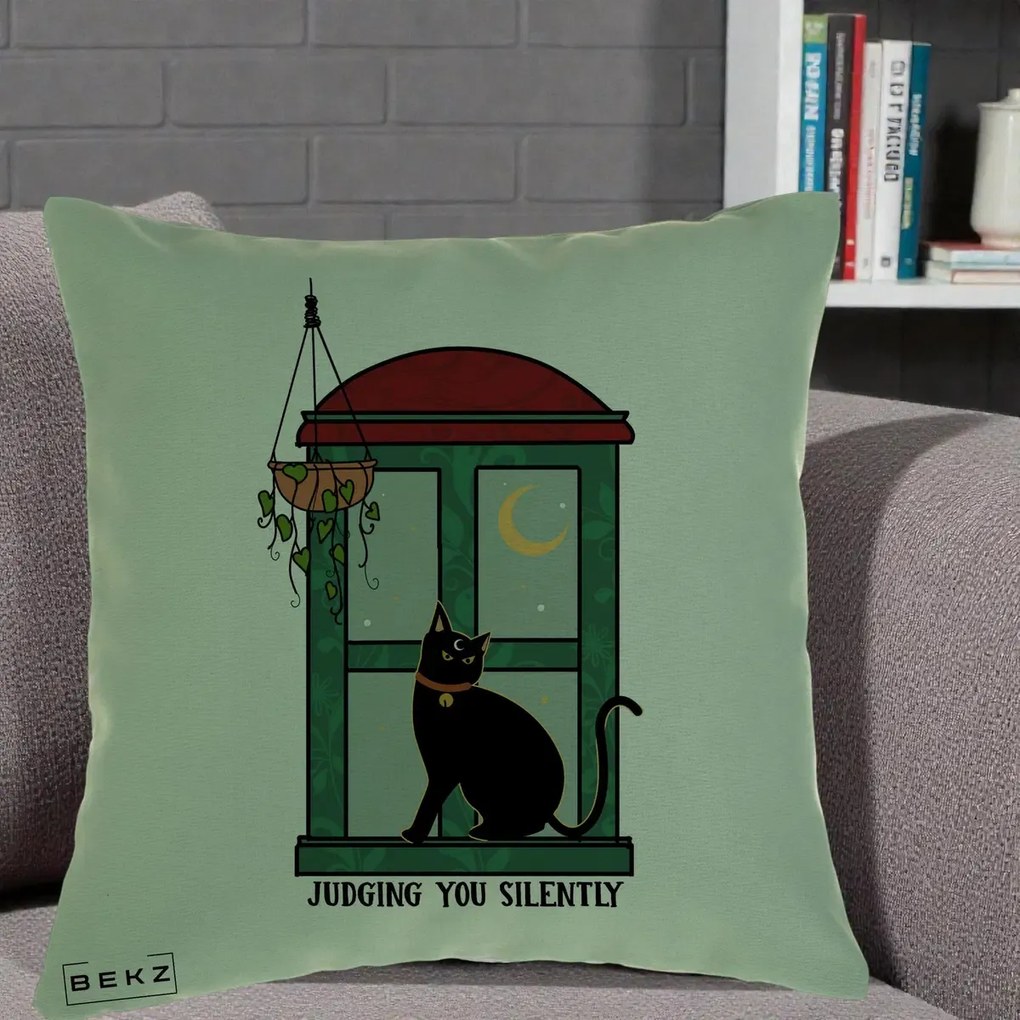 Perna Decorativa Judging You Silently Pisica Geam, 40x40 cm, Verde, Husa Detasabila, Perna Inclusa, BEKZ®
