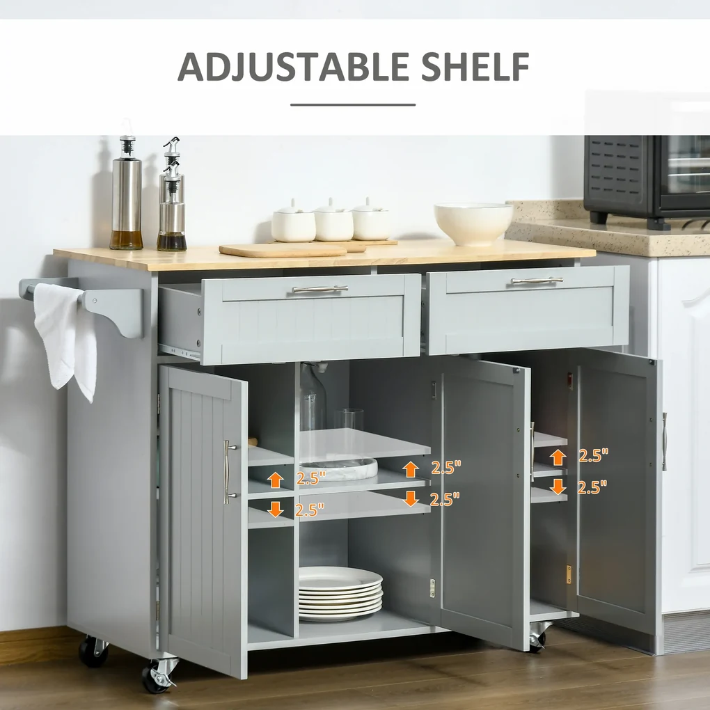 HOMCOM Cărucior Bucătărie Gri, Design Multifuncțional cu 2 Sertare, 3 Uși, 4 Roți, din Lemn și MDF, 121x46x91cm | Aosom Romania
