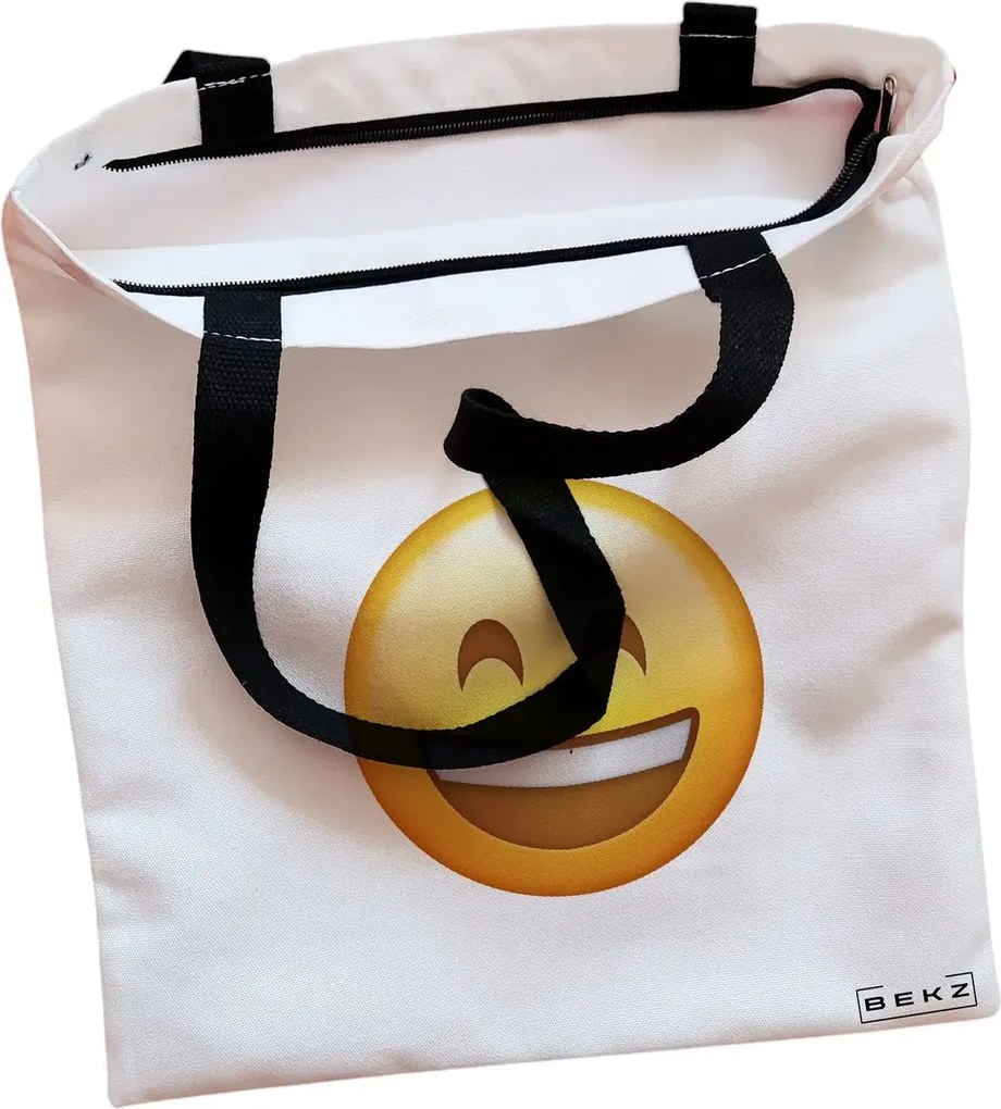 Sacosa de Panza pentru Cumparaturi, Geanta Tote, model Happy Emoji, Cu fermoar, 38x34.5 cm, Alba, BEKZ®