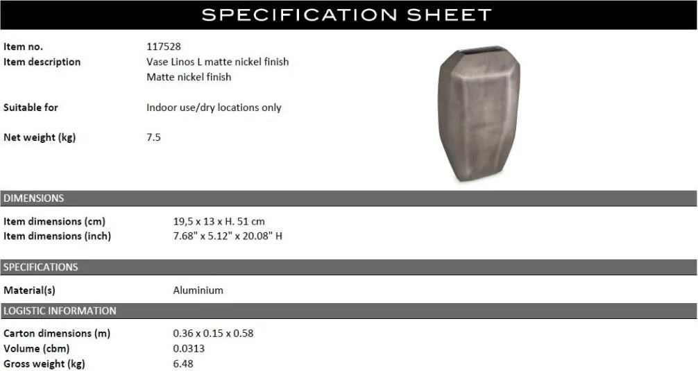 Vaza design LUX Linos L, nickel mat