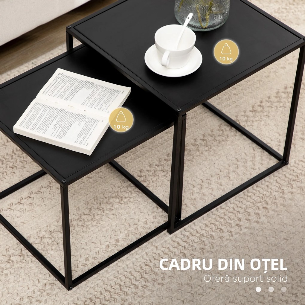 HOMCOM Set de 2 masute de cafea patrate stivuibile, masute laterale si de living din otel, alb | Aosom Romania
