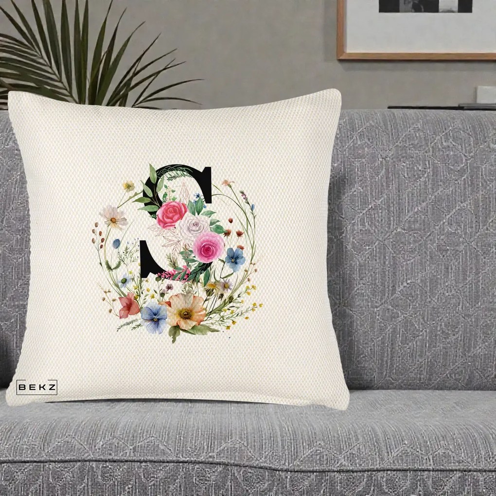 Cadou Personalizat - Perna Personalizata Monogram Litera S cu Flori Acuarela, 40x40 cm, Crem Reliefat, Husa Detasabila, Perna Inclusa, BEKZ®