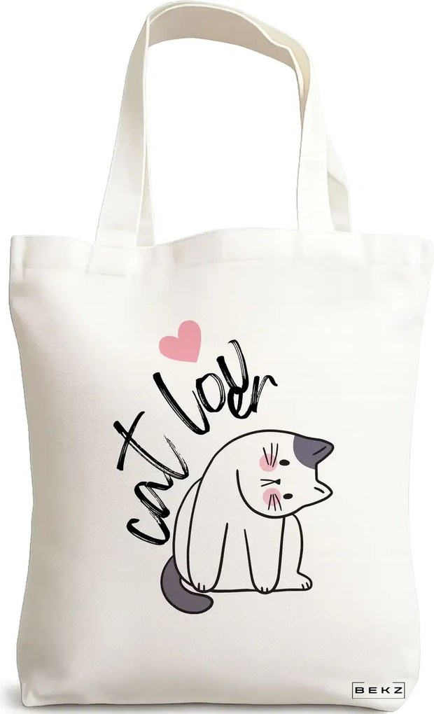 Sacosa de Panza pentru Cumparaturi, Geanta Tote, model Cat Lover, 38x34.5 cm, Alba, BEKZ®