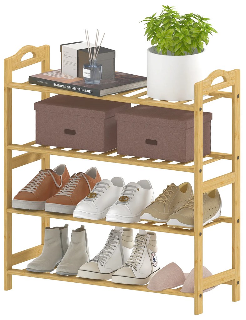 HOMCOM Etajeră pentru pantofi din bambus cu 4 nivele, suport pentru 12 perechi, 67,5 x 24,7 x 72 cm, efect lemn natural | Aosom Romania