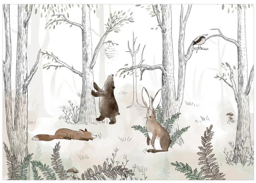 Fototapet - Pădure desenată - animalele pădurii în acuarele pe fundal alb