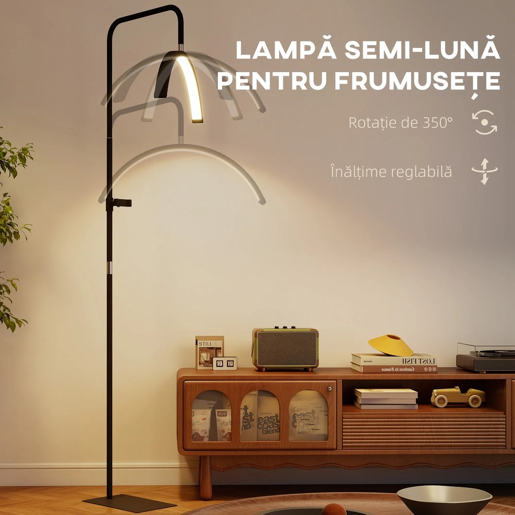 HOMCOM Lampă de Podea LED cu Cap Semilună, Înălțime și Temperatură de Culoare Reglabile, Telecomandă, Negru | Aosom Romania