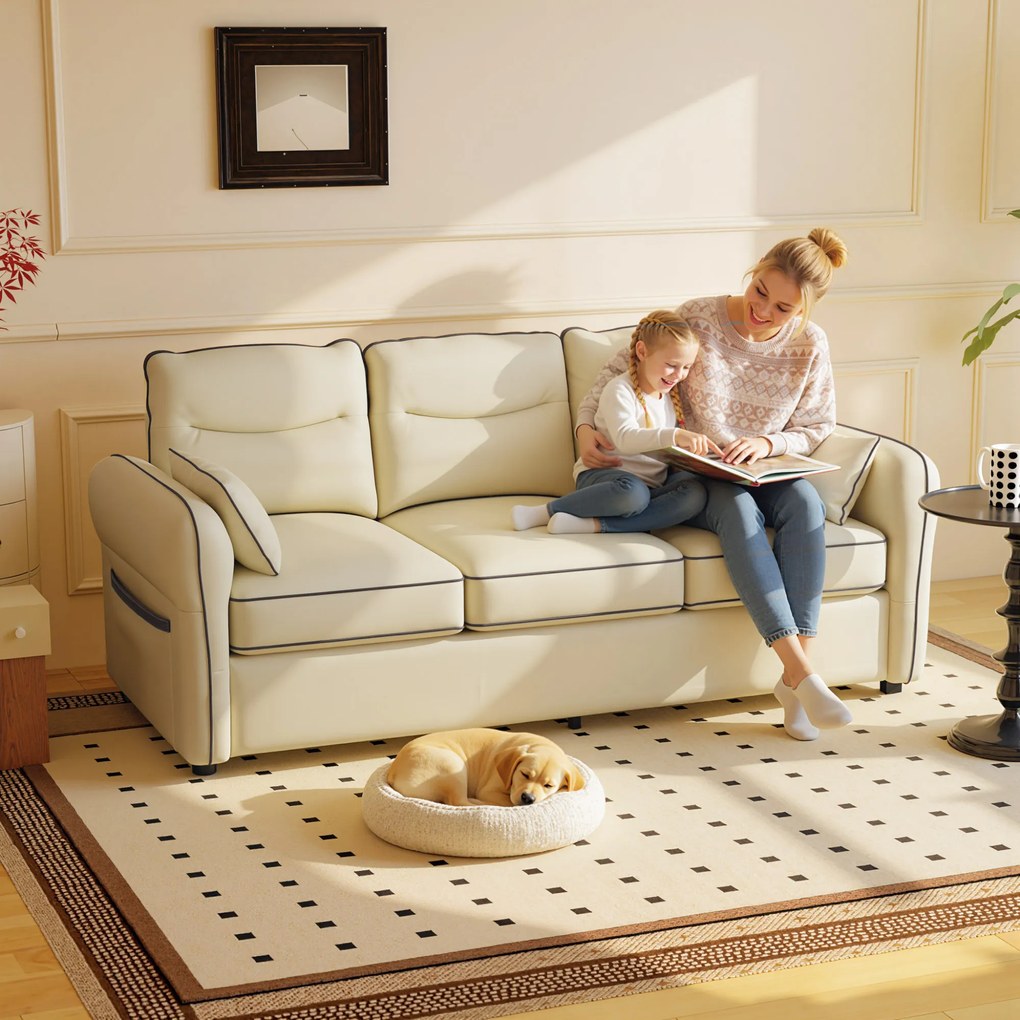 HOMCOM Canapea cu 3 Locuri Tapițată din Piele Ecologică cu Cusături Contrastante, Canapea pentru Sufragerie cu Perne Groase, 2 Perne Detașabile și Lavabile, Brațe și Buzunare Laterale, 190x83x90 cm, Bej | Aosom Romania