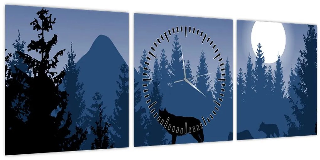 Tablou - Haita de lupi sub lună plină (cu ceas) (90x30 cm)