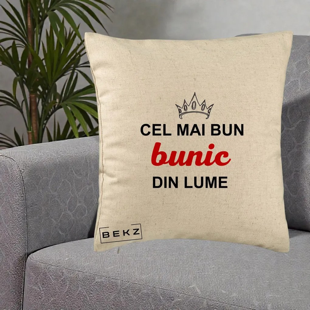 Cadou pentru Bunic - Perna Personalizata Cel Mai Bun Bunic Din Lume Coroana Rosu, 40x40 cm, Bej, Husa Detasabila, Perna Inclusa, BEKZ®