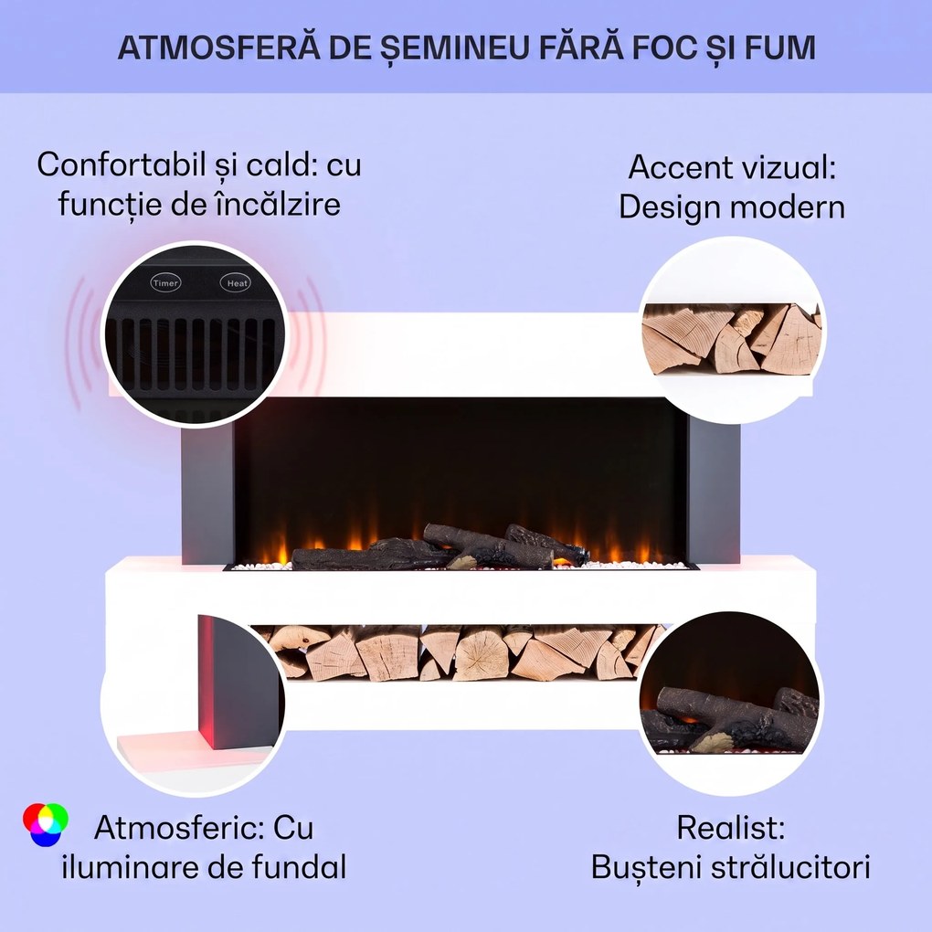 Klarstein Studio Light & Fire 3 Smart, Șemineu, 1000 / 2000 W, MDF, WiFi Control